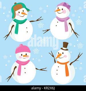 Schneemänner im Winter bei kaltem Wetter. Niedliche Schneemännerfiguren mit Winterhüten und Schals. Vektorillustrationssatz. Stock Vektor