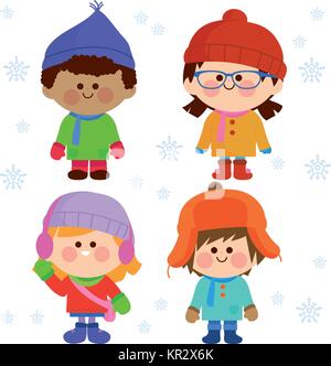Gruppe von Kindern in warmer Winterkleidung und Accessoires. Kinder in Mänteln, Hüten und Handschuhen, Kleidung für kaltes Wetter. Vektorabbildung Stock Vektor