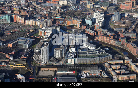 Luftaufnahme von Leeds Dock, ehemals Clarence Dock, Wohnungen und Geschäfte, Leeds, Großbritannien Stockfoto