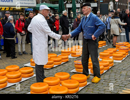 Ein Käse, der Kaufmann, Links, und ein Bauer, rechts, Feilschen um den Preis von Gouda Käse auf dem Käsemarkt, Gouda, Niederlande Stockfoto