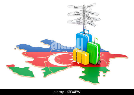 Aserbaidschan reisen Konzept. Karte mit Koffern und Wegweiser, 3D-Rendering Stockfoto