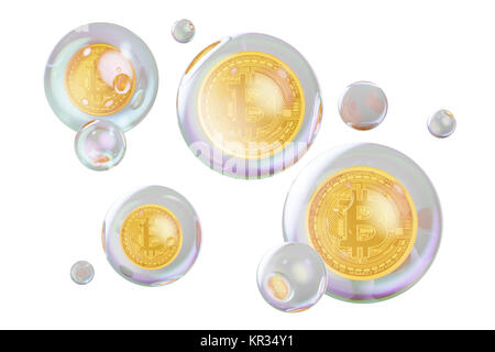 Finanzblase Konzept. Bitcoins in Seifenblasen, 3D-Rendering auf weißem Hintergrund Stockfoto