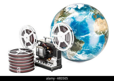 Global film Distribution Konzept, 3D-Rendering auf weißem Hintergrund Stockfoto