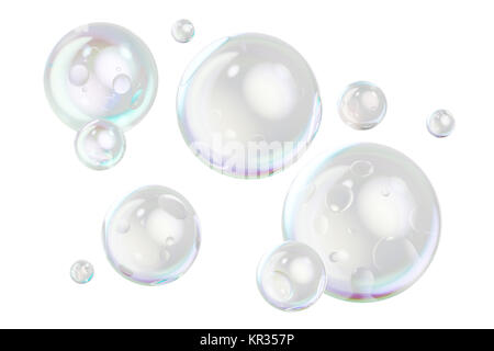 Seifenblasen, 3D-Rendering auf weißem Hintergrund Stockfoto