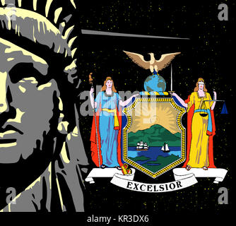 Freiheit über dem Nachthimmel und NY-Symbol Stockfoto