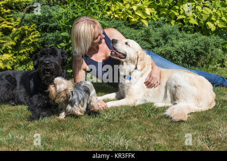 Frau mittleren Alters mit Hunden auf dem Rasen Stockfoto