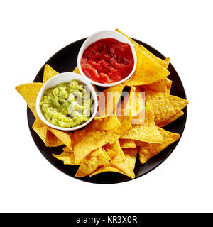 Top down Sicht auf Runde isoliert Teller Nachos, Salsa und guacamole mit weißem Hintergrund Stockfoto