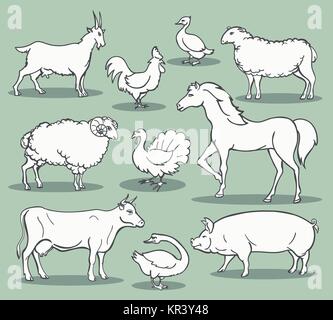 Nutztiere Skizze. Vieh doodle Set Vector Illustration wie die Türkei und Pferd, Schaf und Huhn, Ziege und Schaf Stock Vektor