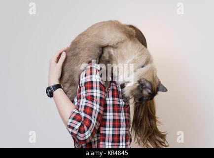 Schöne junge Frau mit niedlichen Katze zu Hause Stockfoto