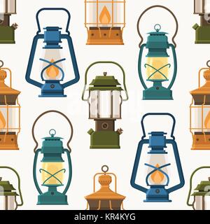 Vintage camping Lantern pattern in flacher Ausführung. Retro Öllampen und gas Laternen nahtlose Hintergrund. Stock Vektor