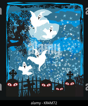 Halloween-Landschaft mit geisterhafte Figur und Friedhof Stockfoto