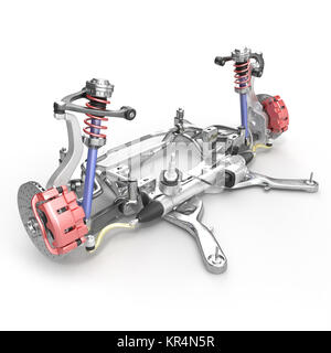 Auto Scheibenbremse mit roten Bremssattel, und Vorderradaufhängung auf Weiß. 3D-Darstellung Stockfoto