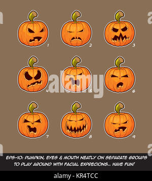 Jack O Lantern Cartoon - 9 wütend Ausdrücke Set Stockfoto