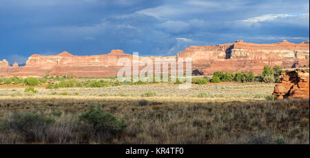 Sonnenuntergang gießen ein rotes Licht auf den Felsen der Nadeln Bereich im Canyonlands National Park, Utah. Stockfoto