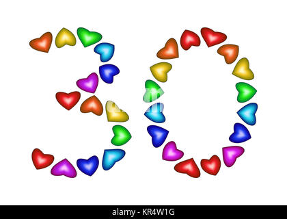 Nummer 30 der bunte Herzen Stockfoto