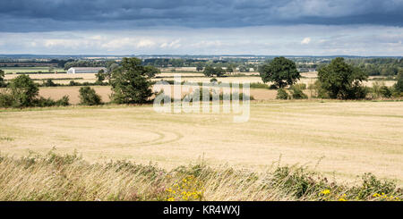 Felder von Kulturen und Weide sind mit copice Wäldern im Patchwork landwirtschaftliche Landschaft Englands Nene Valley in Northamptonshire durchsetzt Stockfoto