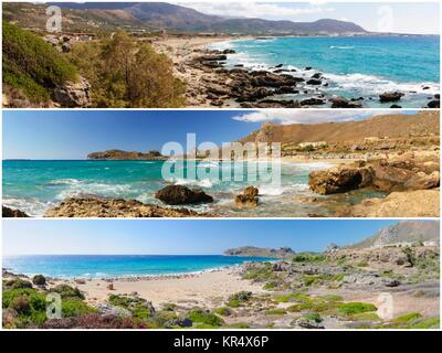 Foto-Collage von Panoramalandschaften von Falassarna Strand, Insel Kreta, Griechenland Stockfoto