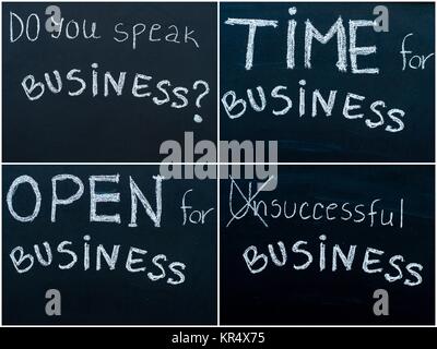 Foto Collage von Business Nachrichten mit weißer Kreide auf die Tafel geschrieben, Business Learning Konzept Stockfoto