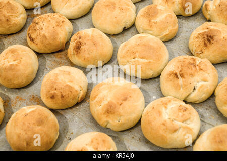 Backblech, mit Backpapier, voll von hausgemachten Weihnachten weichen Hefe Brötchen mit Zimt, Cranberry und Rosinen, gerade aus dem Ofen abgedeckt. Stockfoto