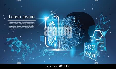 Gesichtserkennungssystem Konzept Low Polygon menschliches Gesicht Scannen blaue Vorlage Hintergrund mit Kopie Raum Stock Vektor