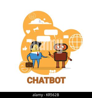 Business Mann chatten mit Chatbot Symbol Chatter Bot Roboter unterstützen moderne Technologie Konzept Stock Vektor