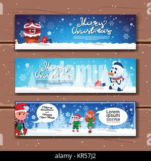 Sammlung von Weihnachten und Neujahr horizontale Banner auf Holz- Hintergrund, niedliche Winterurlaub Poster Set Stock Vektor