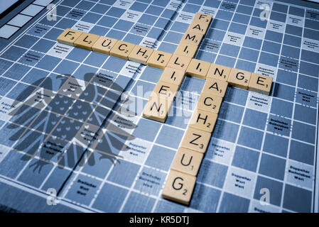 Buchstaben die Worte Flüchtlinge, Familien und Entlastung der Bahn, symbolische Foto Migration und Familie relief Zug, Buchstaben Wörter bilden sterben Flüchtlinge Stockfoto