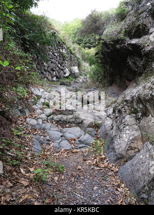 Wandern auf alten Straßen, die über der Cumbre Nueva Bergkette, auf La Palma Auf den Kanarischen Inseln, Spanien - hier entlang einer steinigen Barranco, dargestellt am 23.11.2017. | Verwendung weltweit Stockfoto