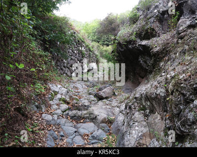 Wandern auf alten Straßen, die über der Cumbre Nueva Bergkette, auf La Palma Auf den Kanarischen Inseln, Spanien - hier entlang einer steinigen Barranco, dargestellt am 23.11.2017. | Verwendung weltweit Stockfoto