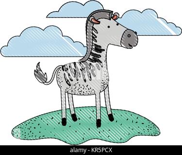 Zebra Cartoon in der freien Szene mit Wolken in farbige Kreide Silhouette mit dünnen Kontur Stock Vektor