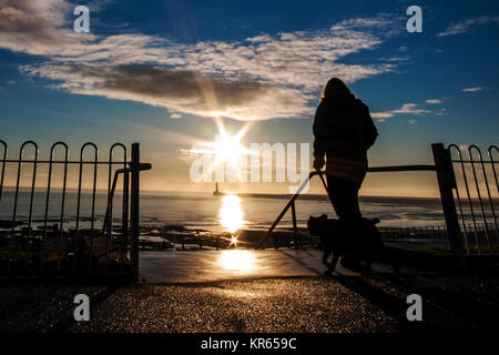 Sunderland, Großbritannien. 19 Dez, 2017. UK Wetter: Eine Frau geht mit Ihrem Hund an einem frostigen Morgen im Roker, Sunderland. (C) Kredite: Paul Swinney/Alamy leben Nachrichten Stockfoto