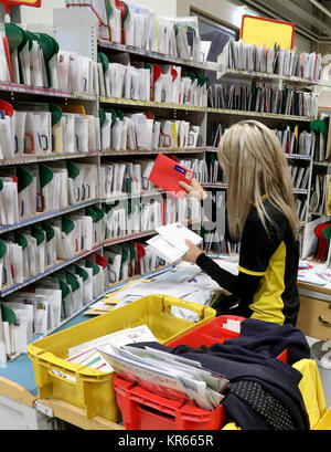 Die eingehenden Pakete werden in den Dienst der Deutschen Post und DHL in Rostock, Deutschland sortiert, 19. Dezember 2017. Derzeit werden die Dienstleister haben eine Hochphase der Arbeit. Die Menge der Pakete und Briefe sind in der Zeit vor Weihnachten verdoppelt. Allein in Mecklenburg-Vorpommern gibt es mehr als 220 zusätzliche Lieferanten in der Lieferung Abteilung beschäftigt. Foto: Bernd Wüstneck/dpa Stockfoto