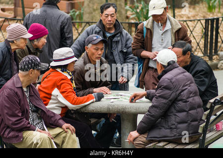 Lokale ältere chinesische Männer spielen Karten Spiele in Columbus Park, Manhattan, New York, USA Stockfoto