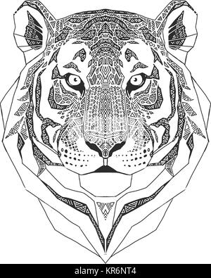 Tiger Kopf auf weißem Hintergrund., Wild Animal stilisierte Portrait. Inspiriert Zentangle Tribal Style. Schwarz und Weiß. Malbuch Seite. Stock Vektor