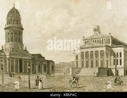 Deutschland. Berlin. Das Konzerthaus Berlin am Gendarmenmarkt neben Neue Kirche. Es war, als ein Theater ab 1818 unter dem Namen des Schauspielhaus Berlin bis 1821, später auch bekannt als das Theater Gendarmenmarkt bin und Komodie, seine Nutzung zu einem Konzert nach dem Zweiten Weltkrieg und seinen Namen seiner jetzigen im Jahr 1994 geändert. Gravur. "Panorama Universal', 1843. Stockfoto