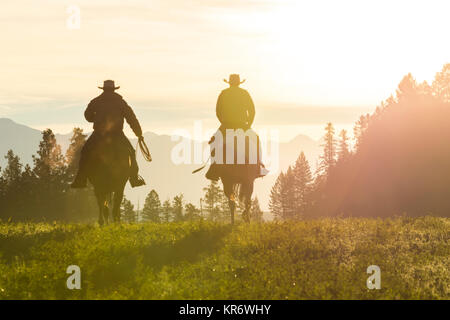 Zwei Cowboys reiten in einer Wiese Landschaft bei Sonnenuntergang. Stockfoto