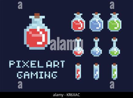 Satz von Pixel-art trank Flaschen, Rot, Grün und Blau, Gesundheit Mana Game Design Objekt Stock Vektor