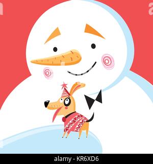 Fantastische Weihnachten Karte mit einem großen Schneemann und Welpen auf rotem Hintergrund Stock Vektor