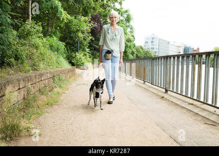 Glückliche Frau gehen mit Ihrem Hund Stockfoto