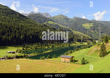 Die europäischen Alpen rund um Dorf Gerlos im Zillertal (Österreich). Wiesen und Wälder rund um. Stockfoto