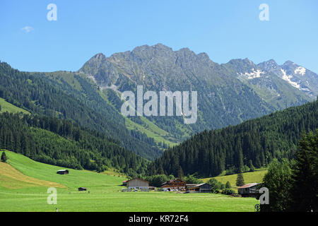 Die europäischen Alpen rund um Dorf Gerlos im Zillertal (Österreich). Wiesen und Wälder rund um. Stockfoto