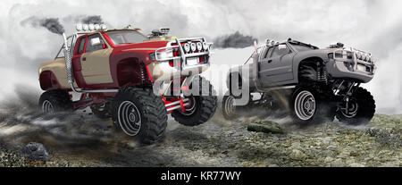 2 Monster Trucks im Rennen auf felsigen Boden Stockfoto