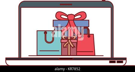 Laptop Computer Vorderseite mit Geschenk Schachteln und Tüten in Bildschirm auf bunten Silhouette Stock Vektor