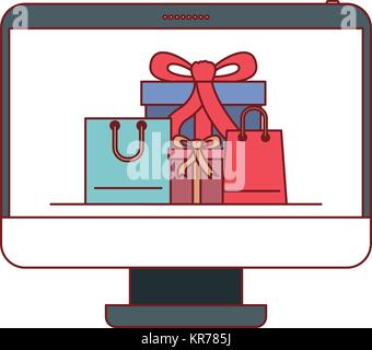 Desktop-computer Vorderansicht mit Geschenkboxen und Einkaufstaschen in Bildschirm auf bunten Silhouette Stock Vektor