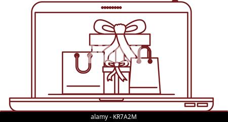 Laptop Computer Vorderseite mit Geschenkboxen und Einkaufstaschen im Bildschirm dunkel rote Kontur Stock Vektor