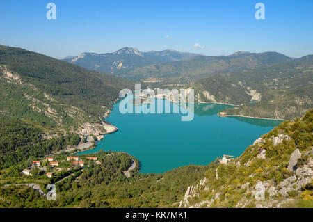 Luftaufnahme über Castillon See, Behälter und Hyroelectric Dam in der Nähe von Castellane, im Tal des Verdon, Alpes-de-Haute-Provence, Frankreich Stockfoto