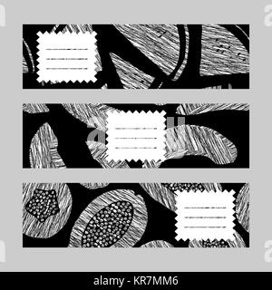 Gesunder Lebensstil banner Serie. Horizontale Karten. Zerkratzte Melone, Wassermelone und Papaya Einladungen. Serie von Ernte Obst Flyer. Monochr Stock Vektor