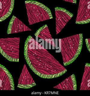 Nahtlose Muster mit Zerkratzt Wassermelone, Sommer Ernte Hintergrund. Endlose Textur, Obst Hintergrund. Dessert Kulisse. Weißer Hintergrund te Stock Vektor