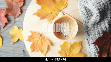 Gestrickte Pullover und Blätter im Herbst Stockfoto