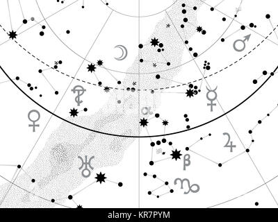 Fragment der Astronomischen Celestial Atlas: Der Himmel mit Sternen (Schnee-weißer Umriss vector Hintergrund Farbe) Stockfoto